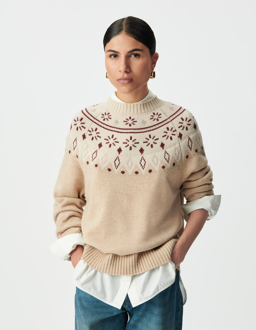 maglione lavorato a maglia jacquard decorativo beige da donna