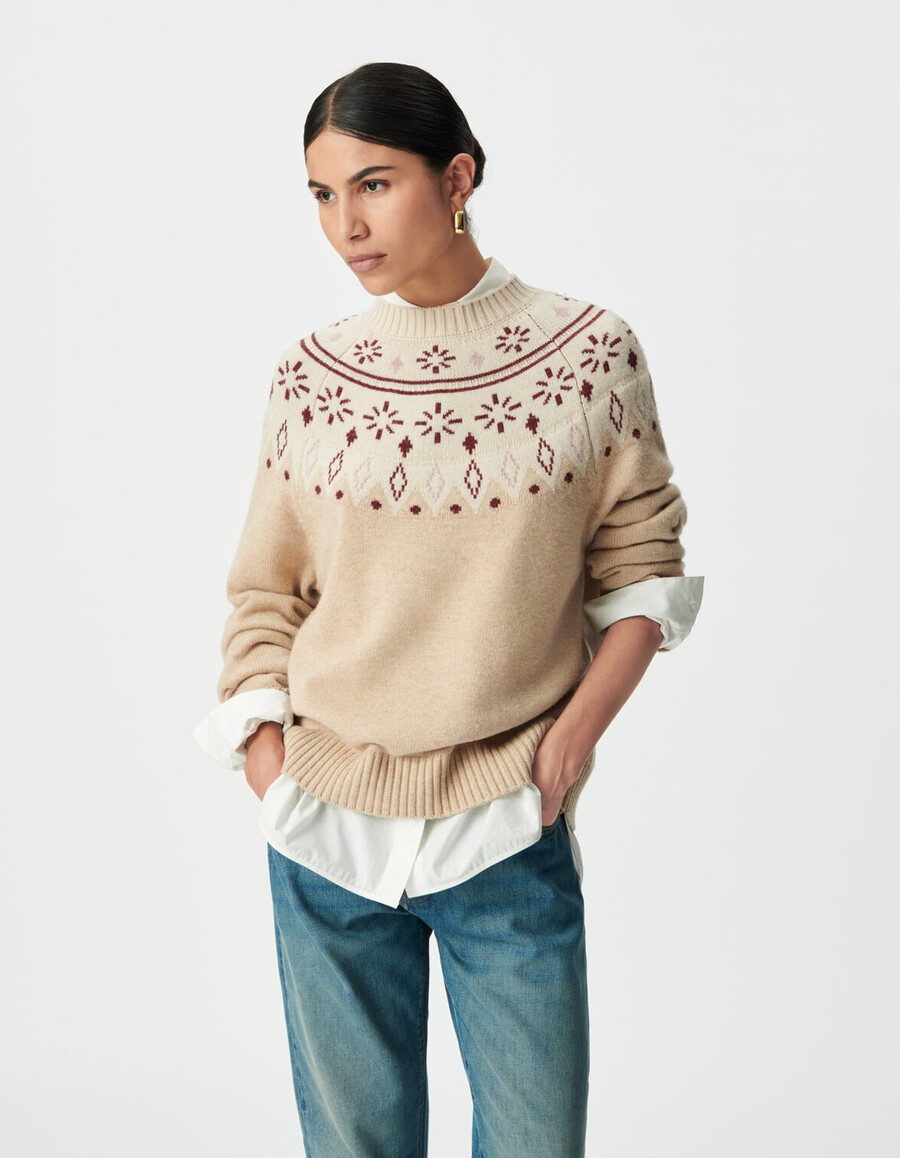 maglione lavorato a maglia jacquard decorativo beige da donna