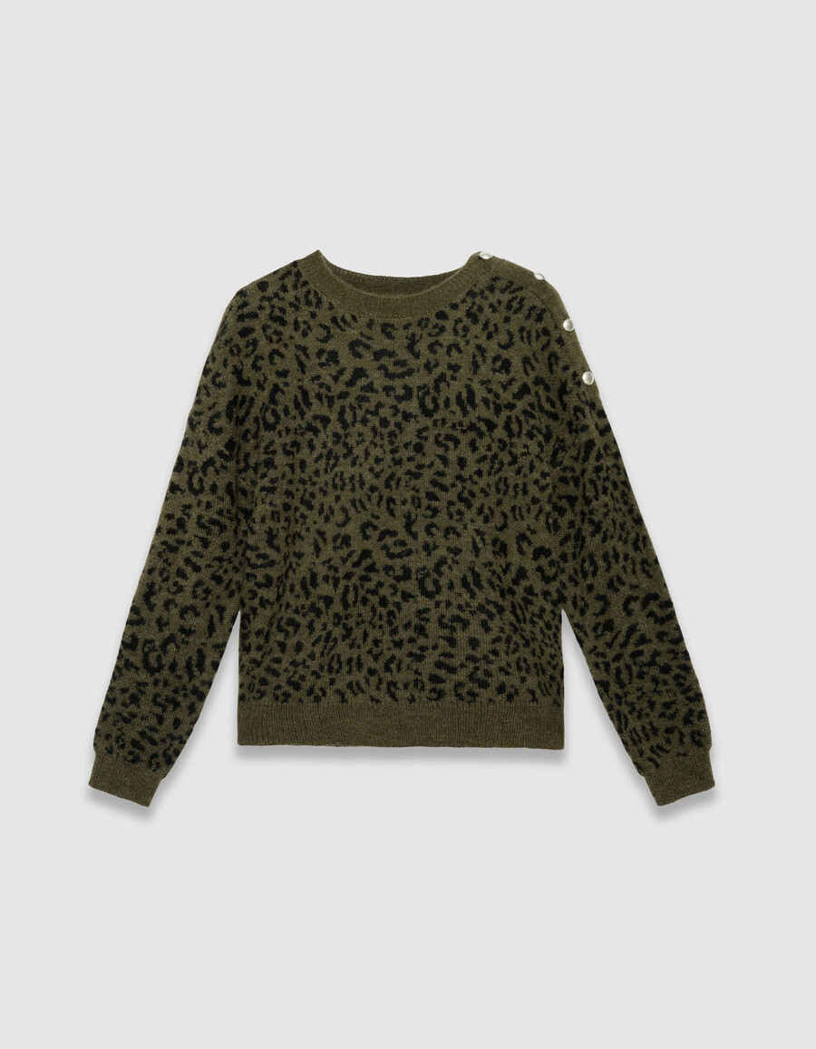 maglione da donna in maglia color cachi con motivo jacquard leopardato