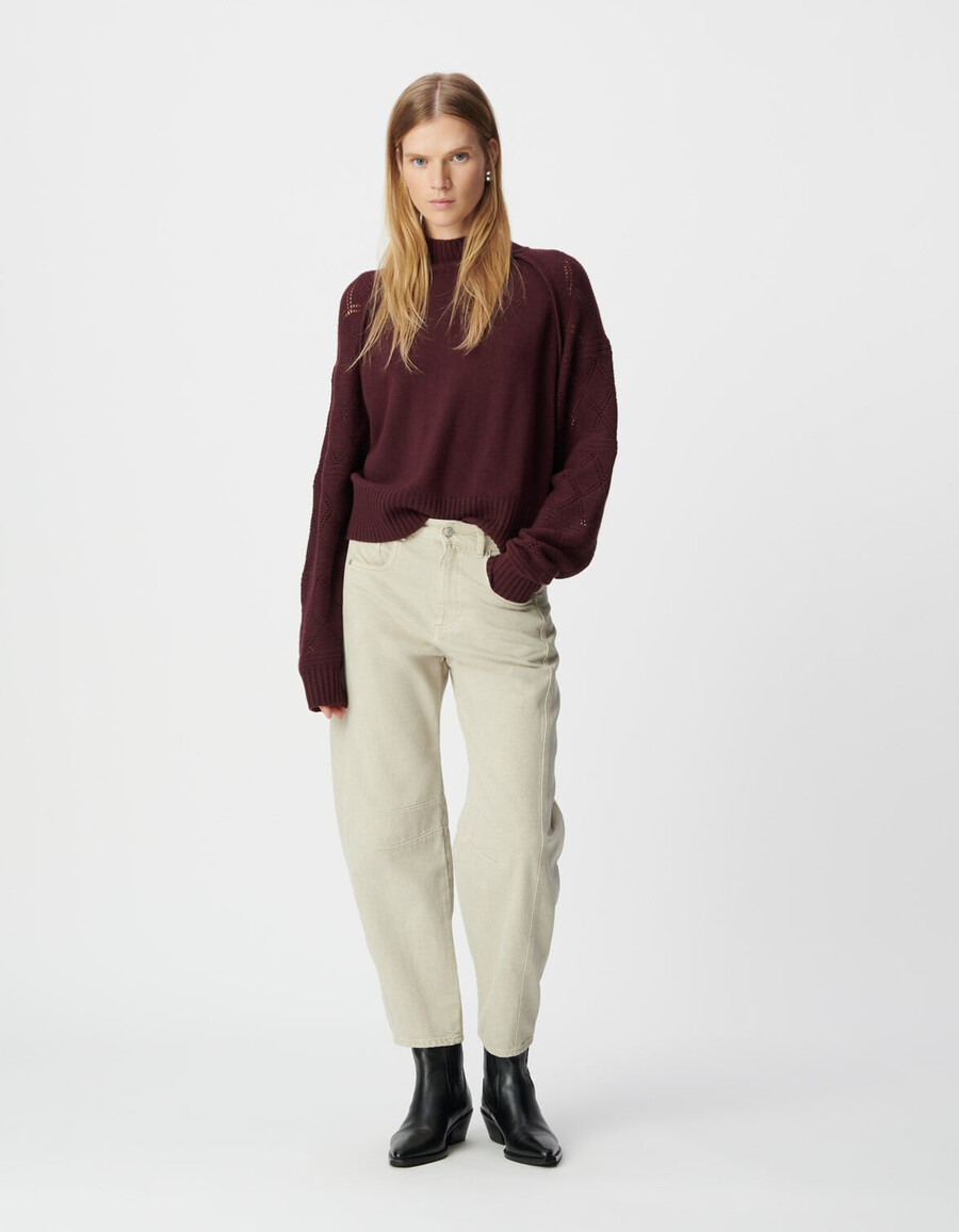 maglione da donna in maglia bordeaux con maniche traforate