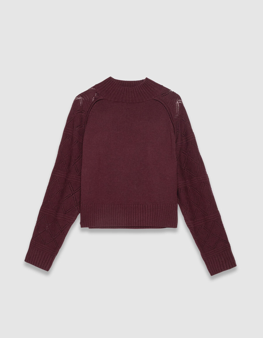 maglione da donna in maglia bordeaux con maniche traforate