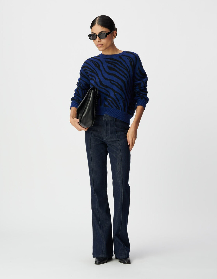 maglione invernale corto da donna in maglia zebrata blu