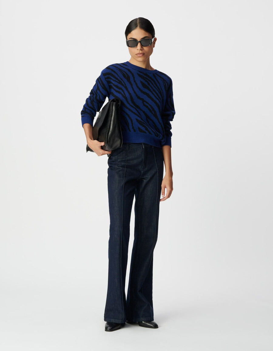maglione invernale corto da donna in maglia zebrata blu
