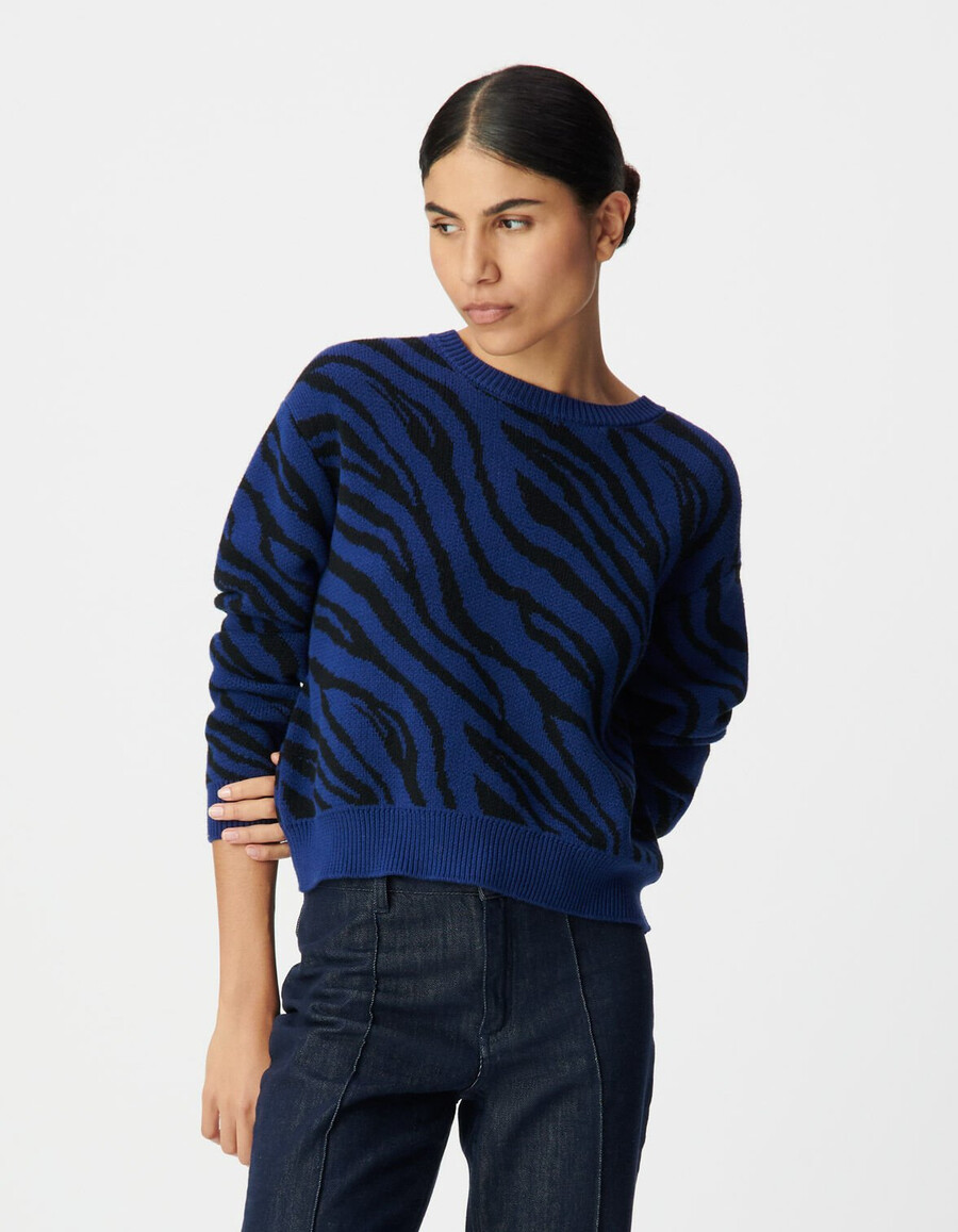 maglione invernale corto da donna in maglia zebrata blu