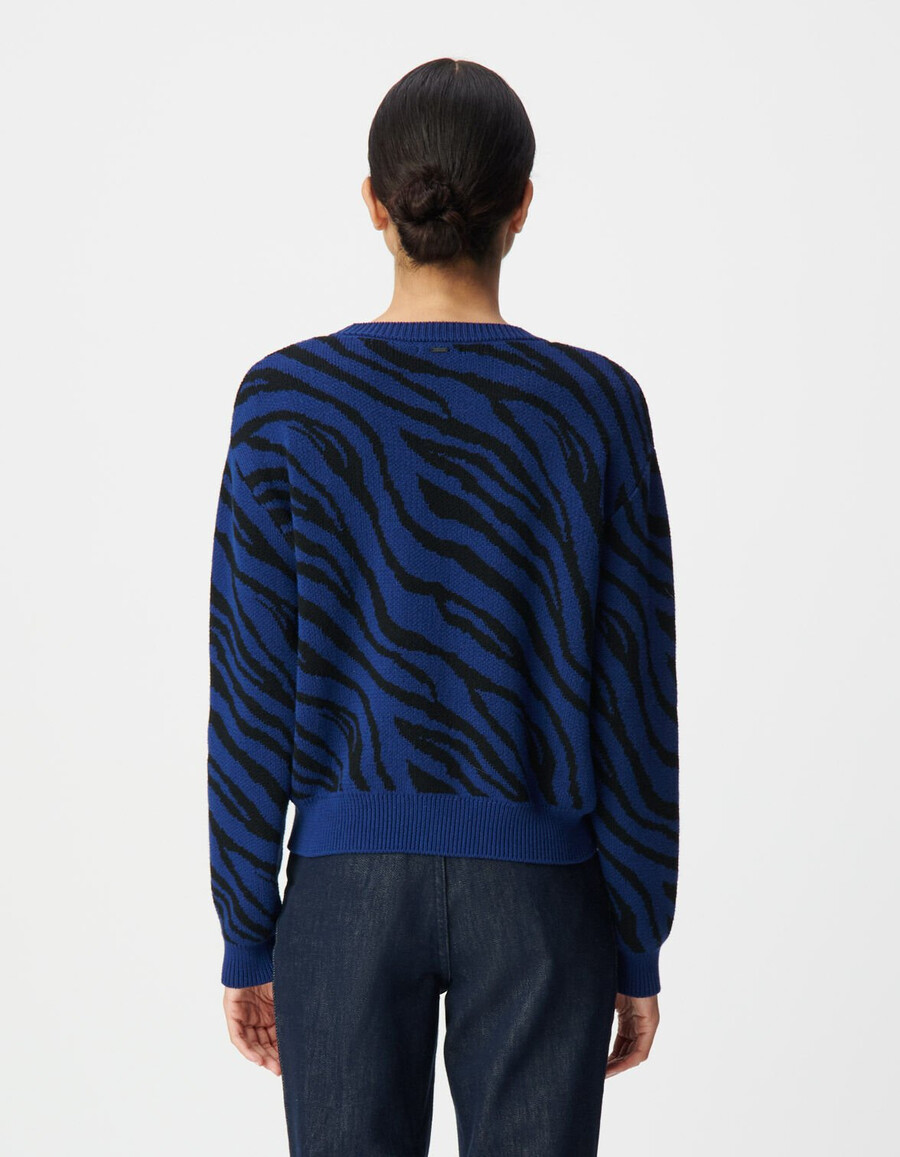 maglione invernale corto da donna in maglia zebrata blu