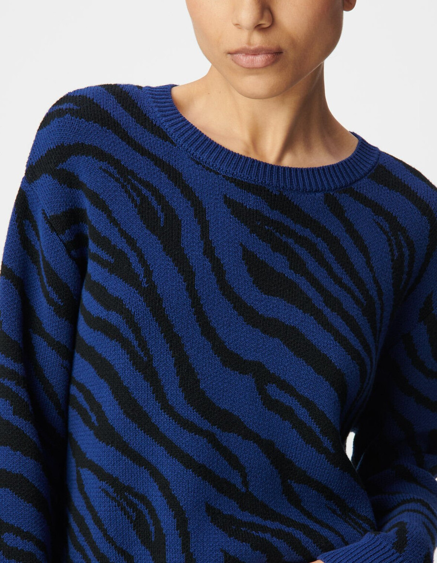 maglione invernale corto da donna in maglia zebrata blu