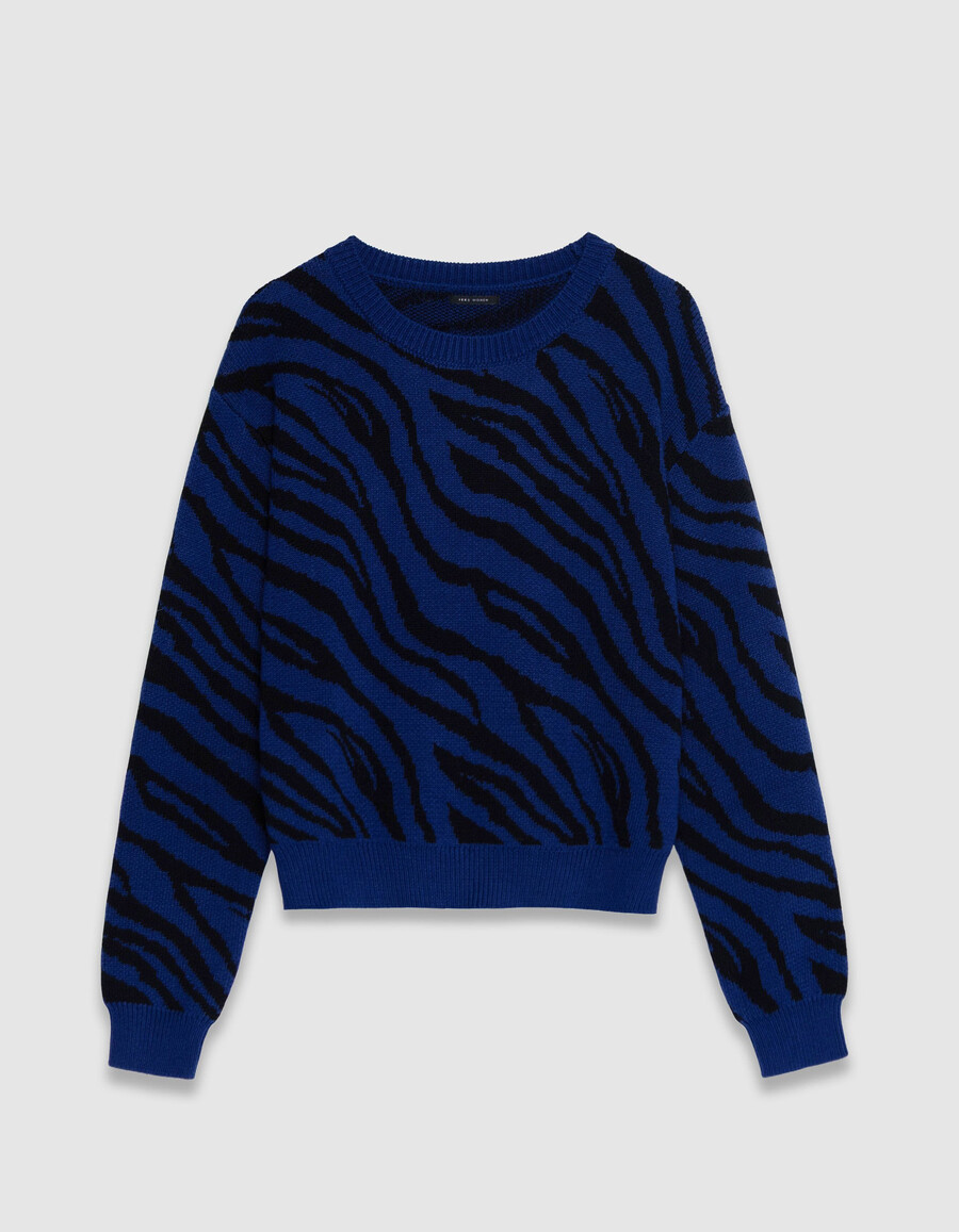 maglione invernale corto da donna in maglia zebrata blu