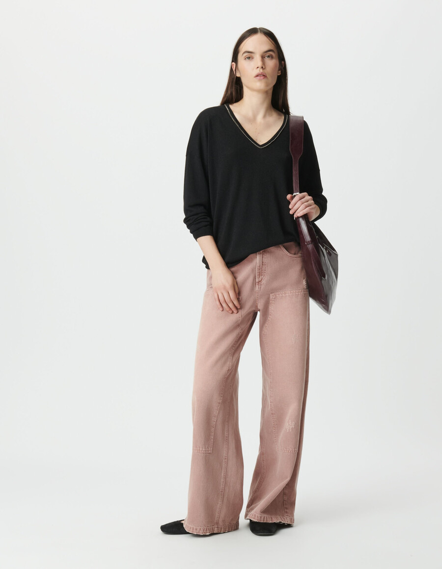 maglione da donna in maglia fine lurex nera con collo gioiello