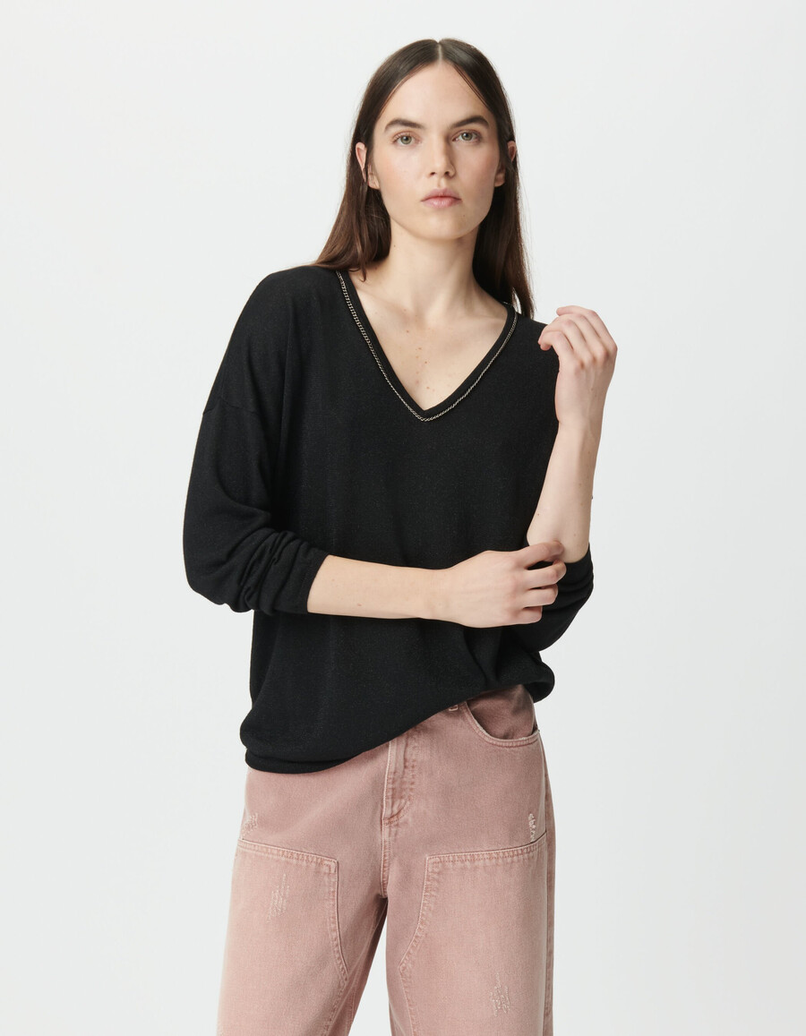 maglione da donna in maglia fine lurex nera con collo gioiello