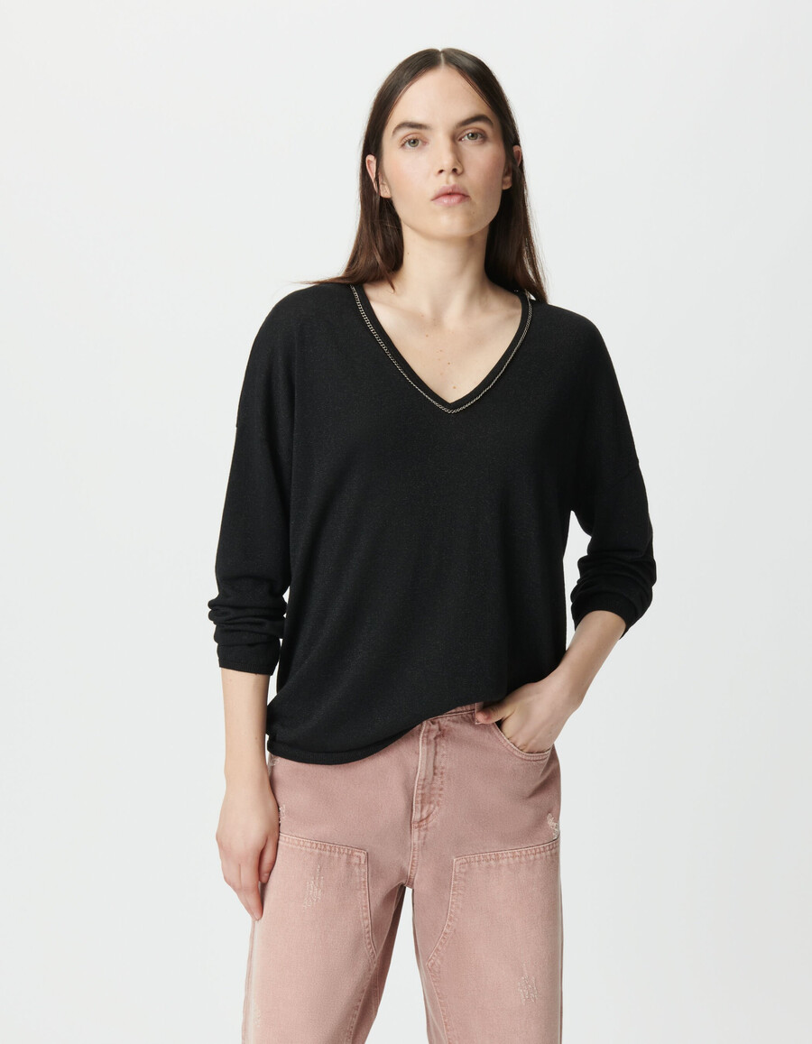 maglione da donna in maglia fine lurex nera con collo gioiello