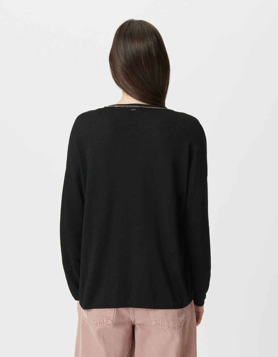 maglione da donna in maglia fine lurex nera con collo gioiello