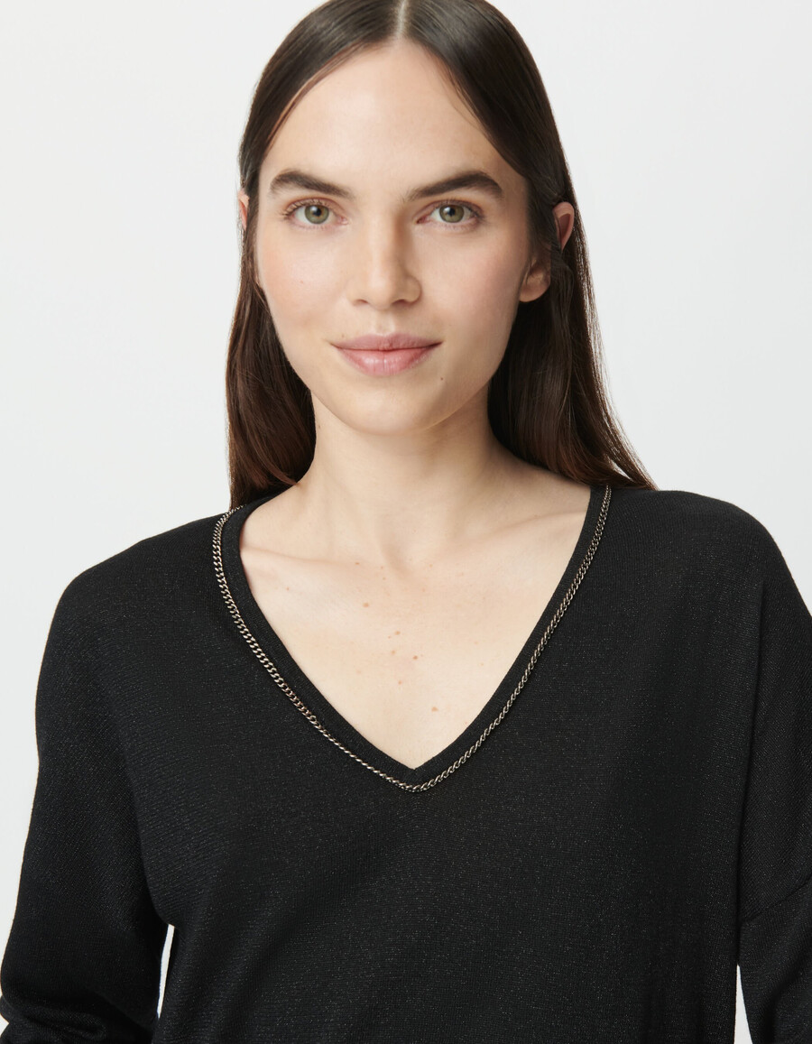 maglione da donna in maglia fine lurex nera con collo gioiello