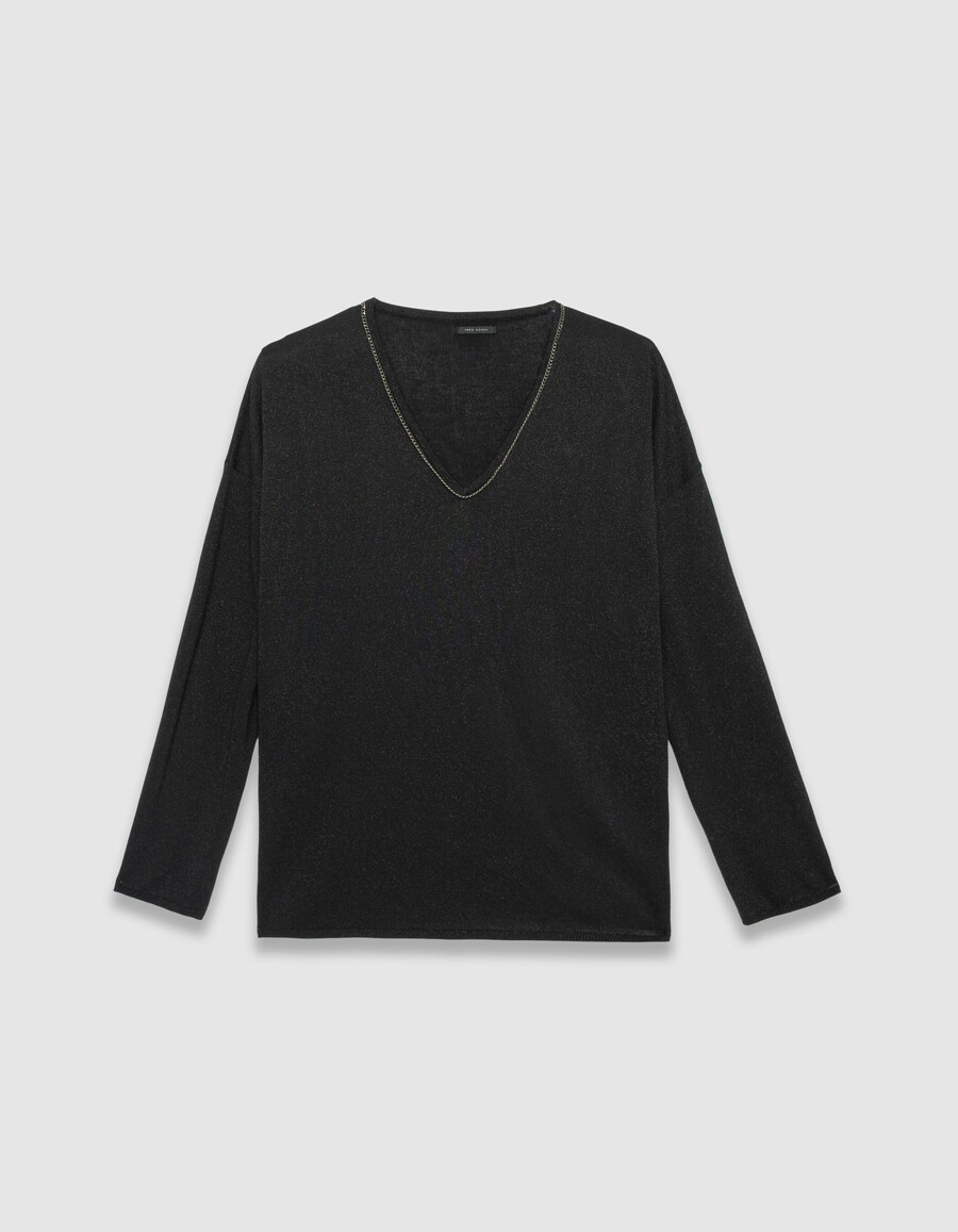 maglione da donna in maglia fine lurex nera con collo gioiello