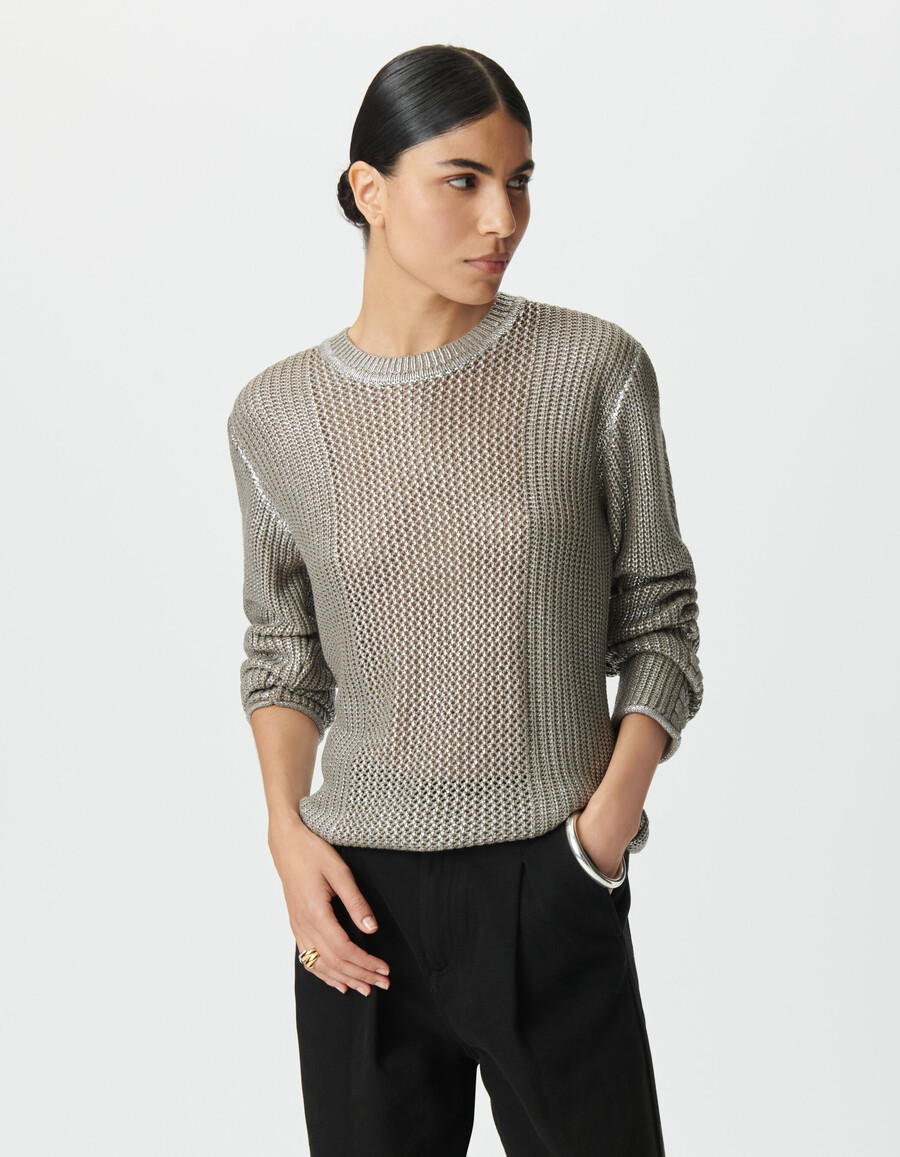 maglione decorativo in maglia argentata beige da donna