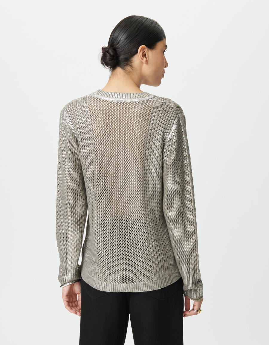 maglione decorativo in maglia argentata beige da donna