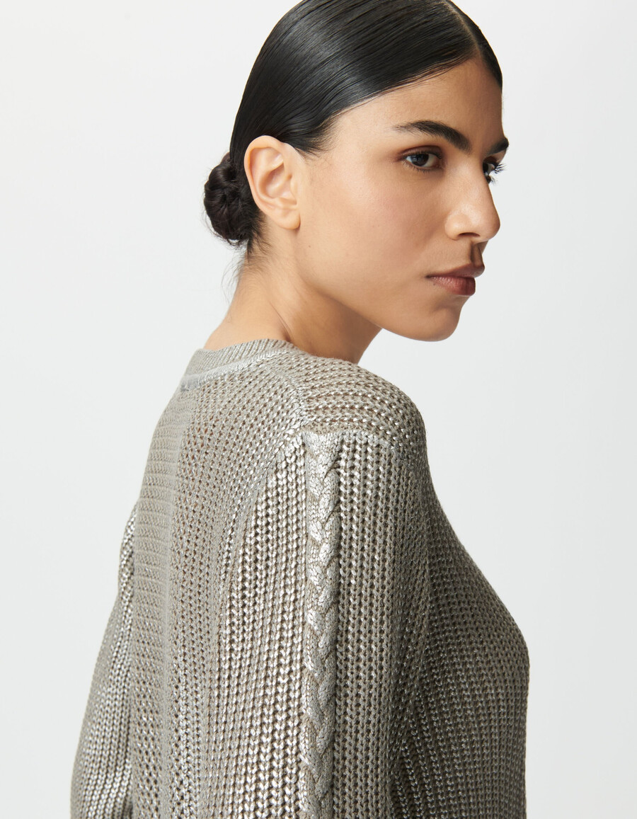 maglione decorativo in maglia argentata beige da donna