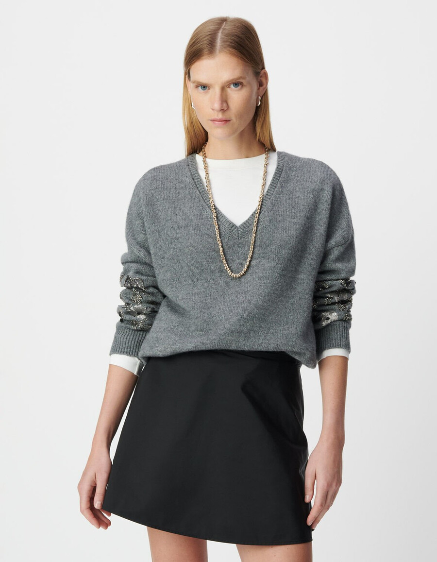 maglione lavorato a maglia grigio mélange con dettagli gioiello per donna