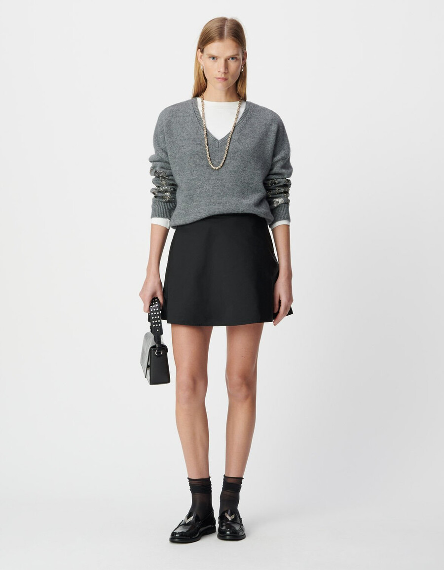 maglione lavorato a maglia grigio mélange con dettagli gioiello per donna