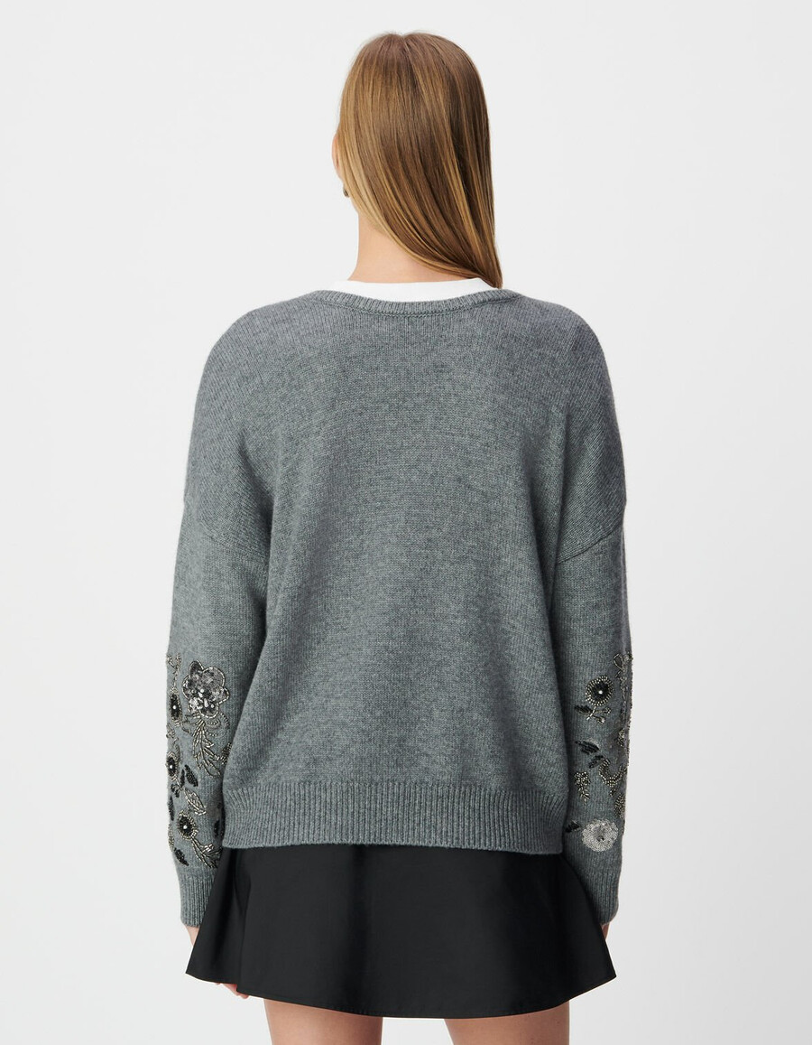 maglione lavorato a maglia grigio mélange con dettagli gioiello per donna