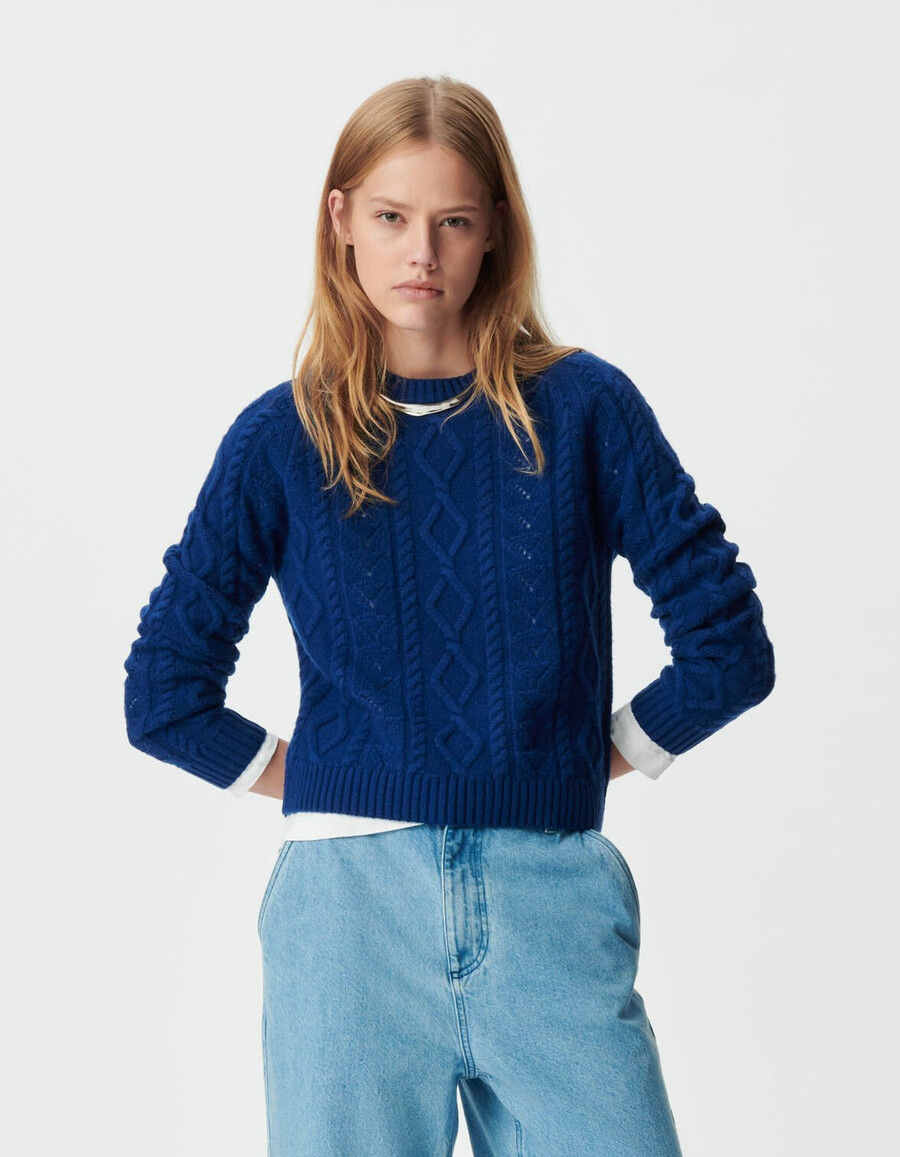 maglione corto da donna in pura lana blu punto decorativo