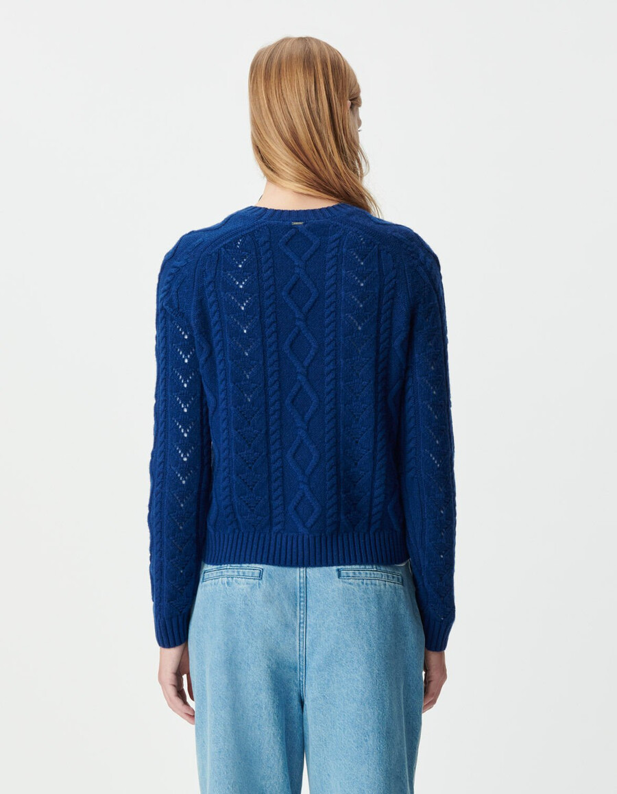 maglione corto da donna in pura lana blu punto decorativo