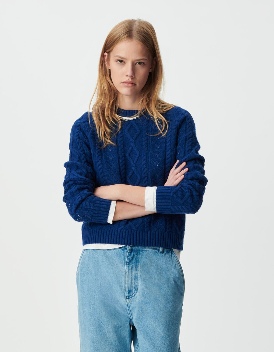 maglione corto da donna in pura lana blu punto decorativo