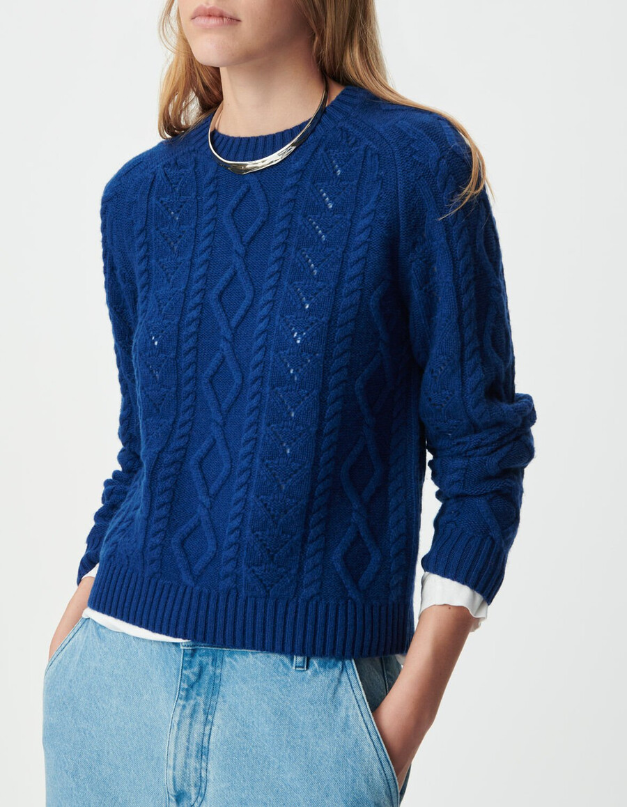 maglione corto da donna in pura lana blu punto decorativo