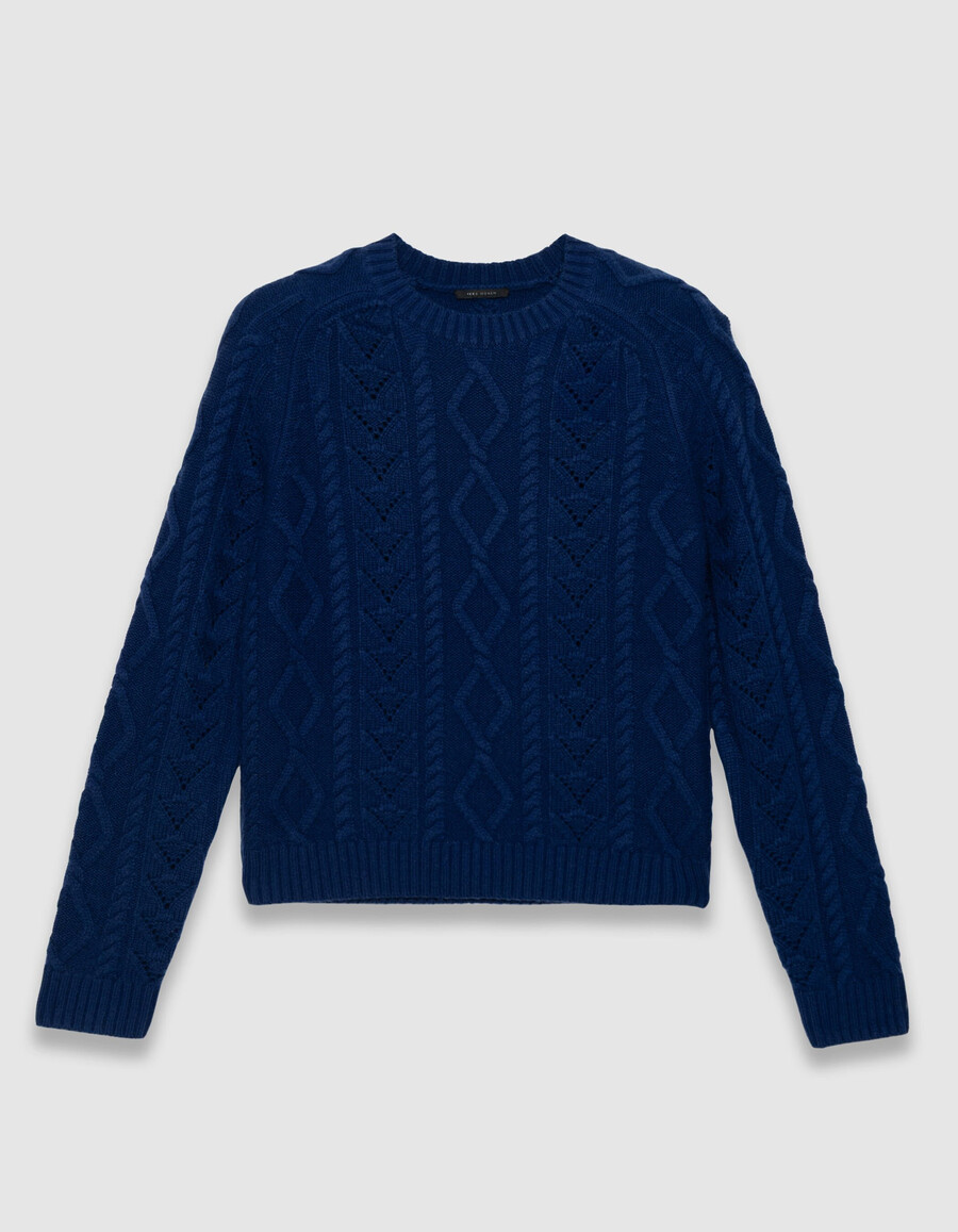 maglione corto da donna in pura lana blu punto decorativo