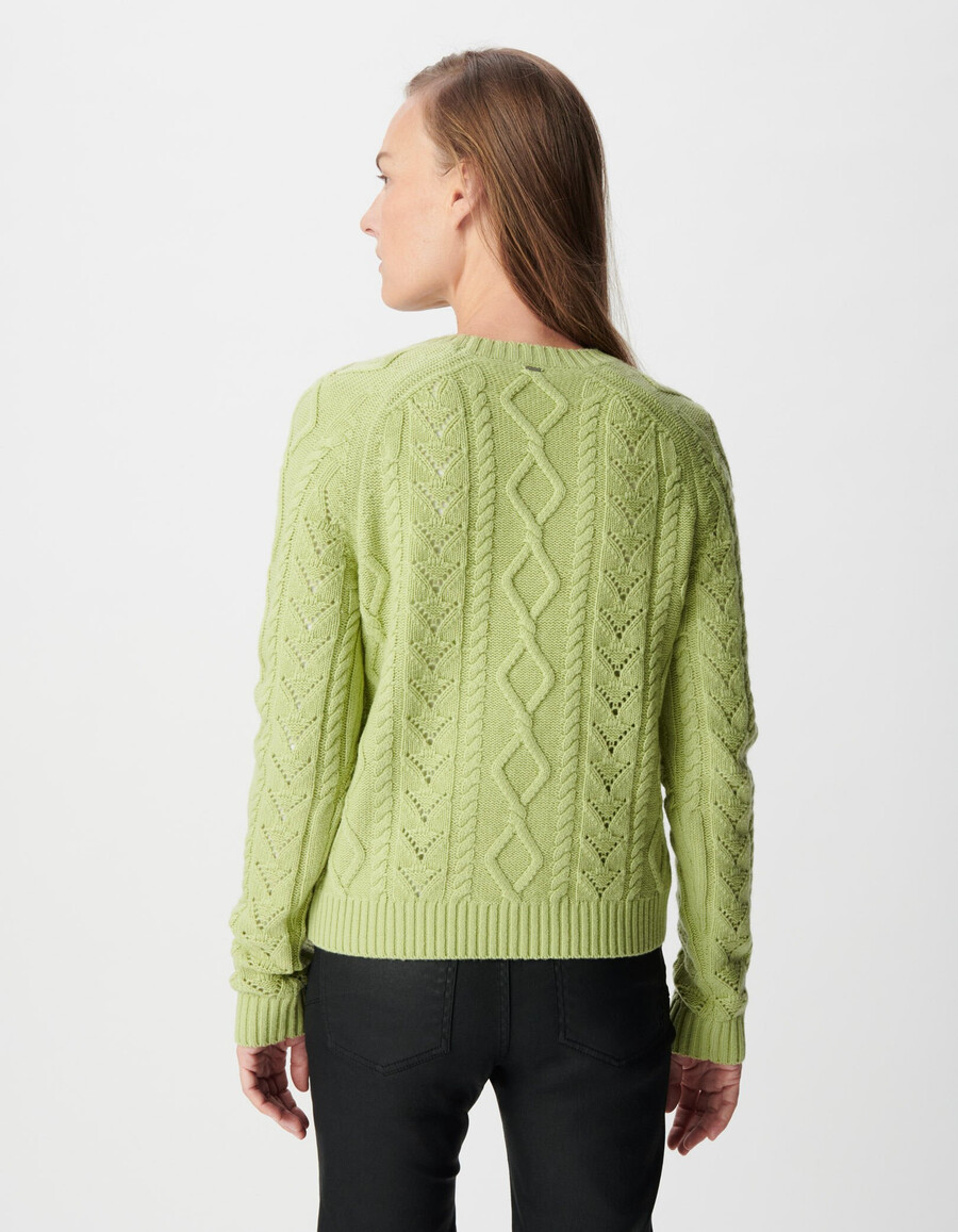 maglione da donna in lana merino lavorata a trecce con scollo rotondo