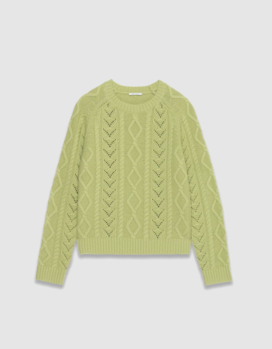 maglione da donna in lana merino lavorata a trecce con scollo rotondo