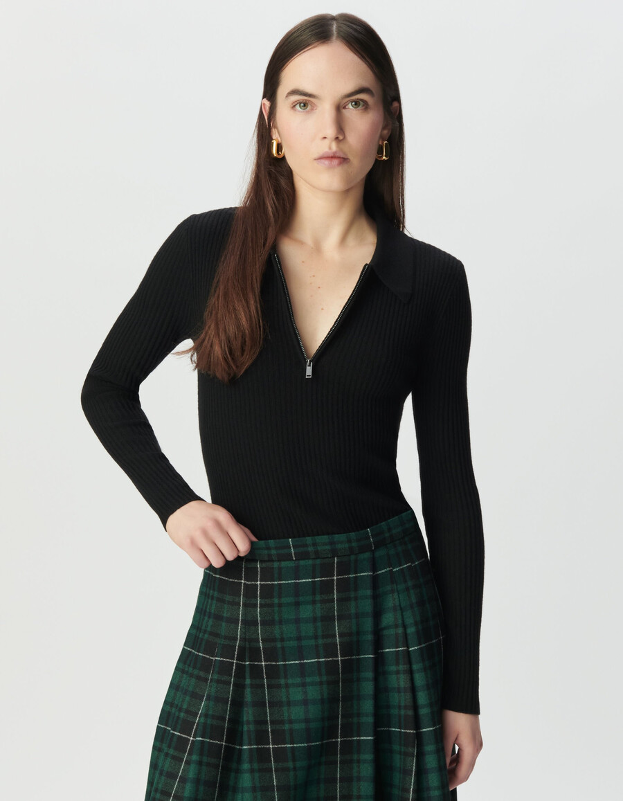 maglione da donna in pura lana nera collo alto con cerniera