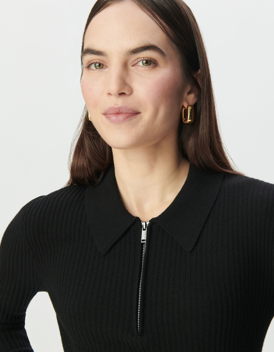 maglione da donna in pura lana nera collo alto con cerniera