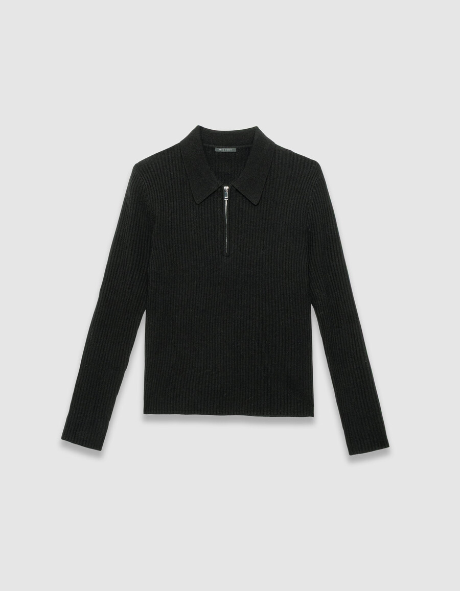 maglione da donna in pura lana nera collo alto con cerniera