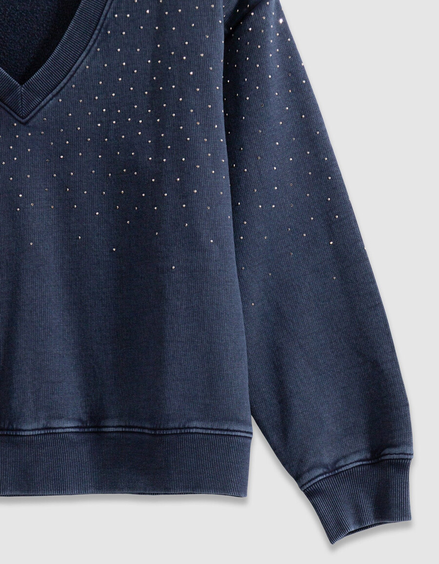 maglione da donna in cotone biologico blu navy con scollo a v e strass