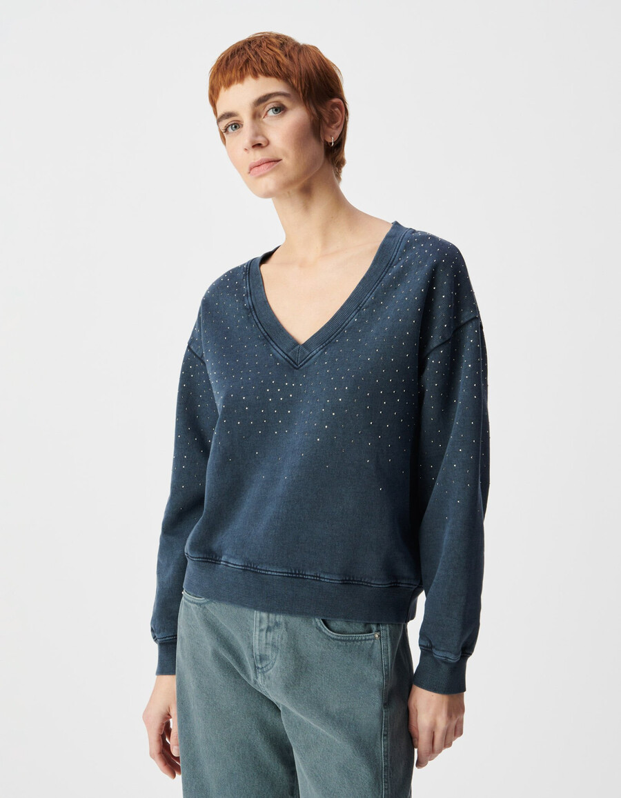 maglione da donna in cotone biologico blu navy con scollo a v e strass