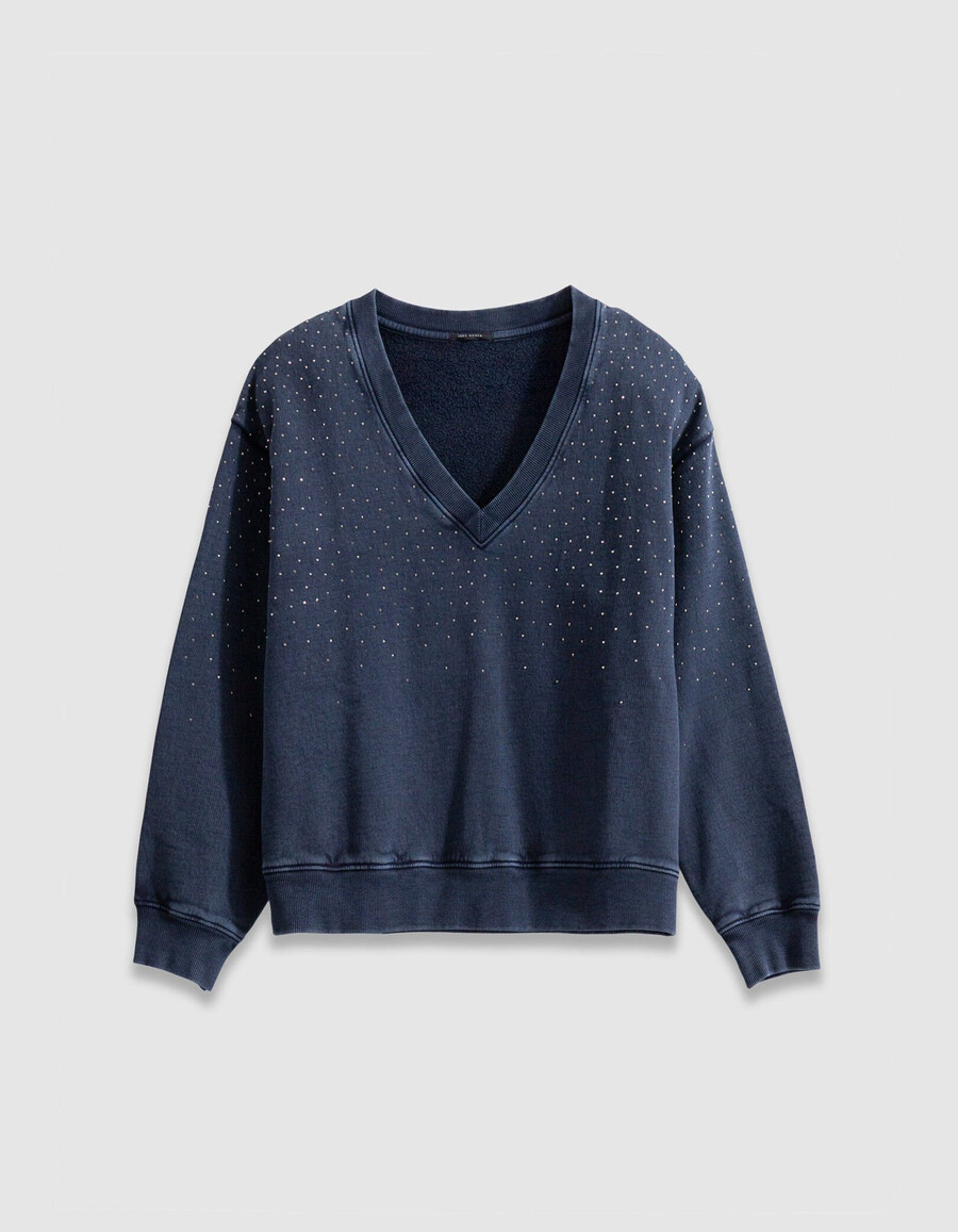 maglione da donna in cotone biologico blu navy con scollo a v e strass
