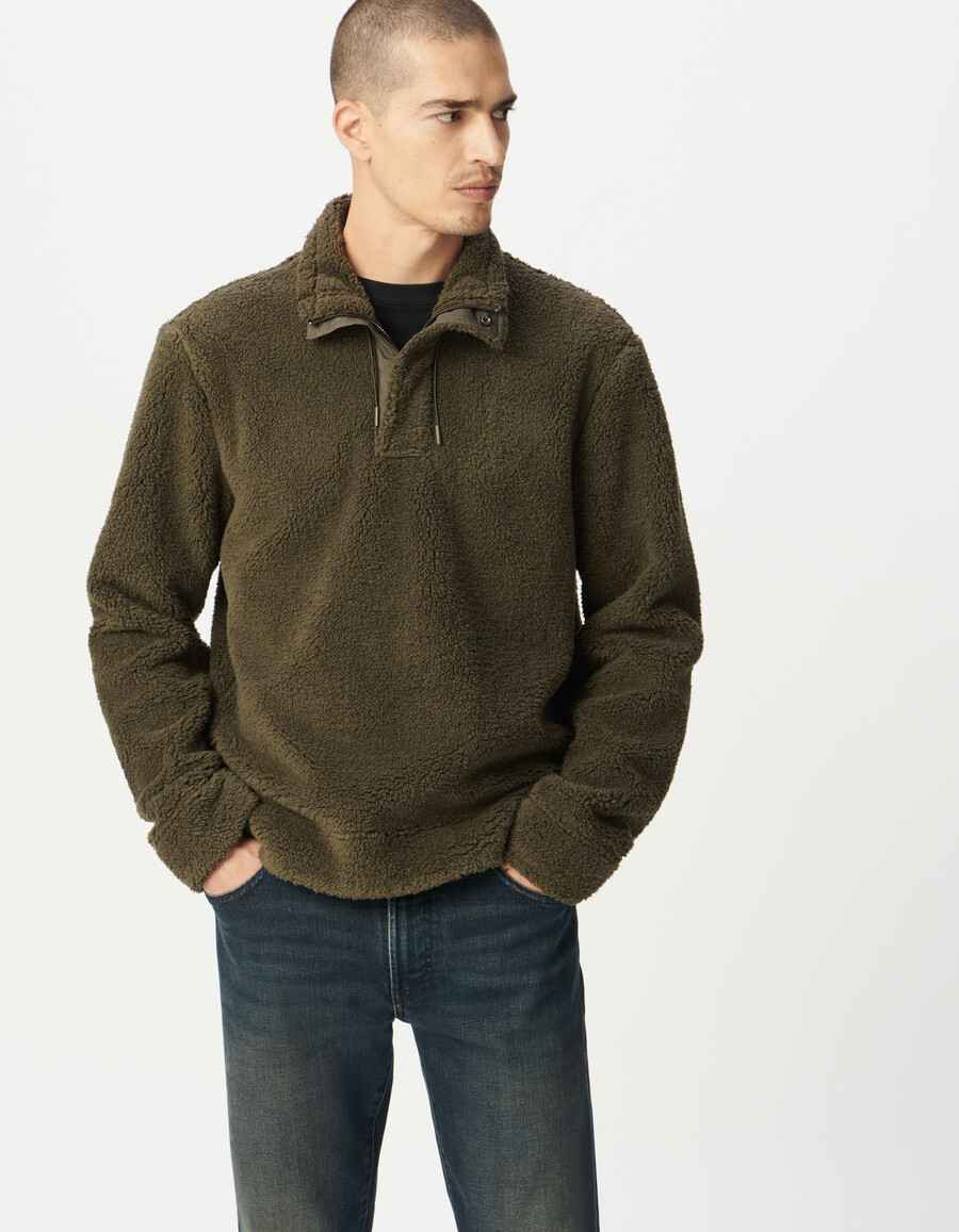 felpa da uomo in maglia sherpa color cachi con cerniera sul collo