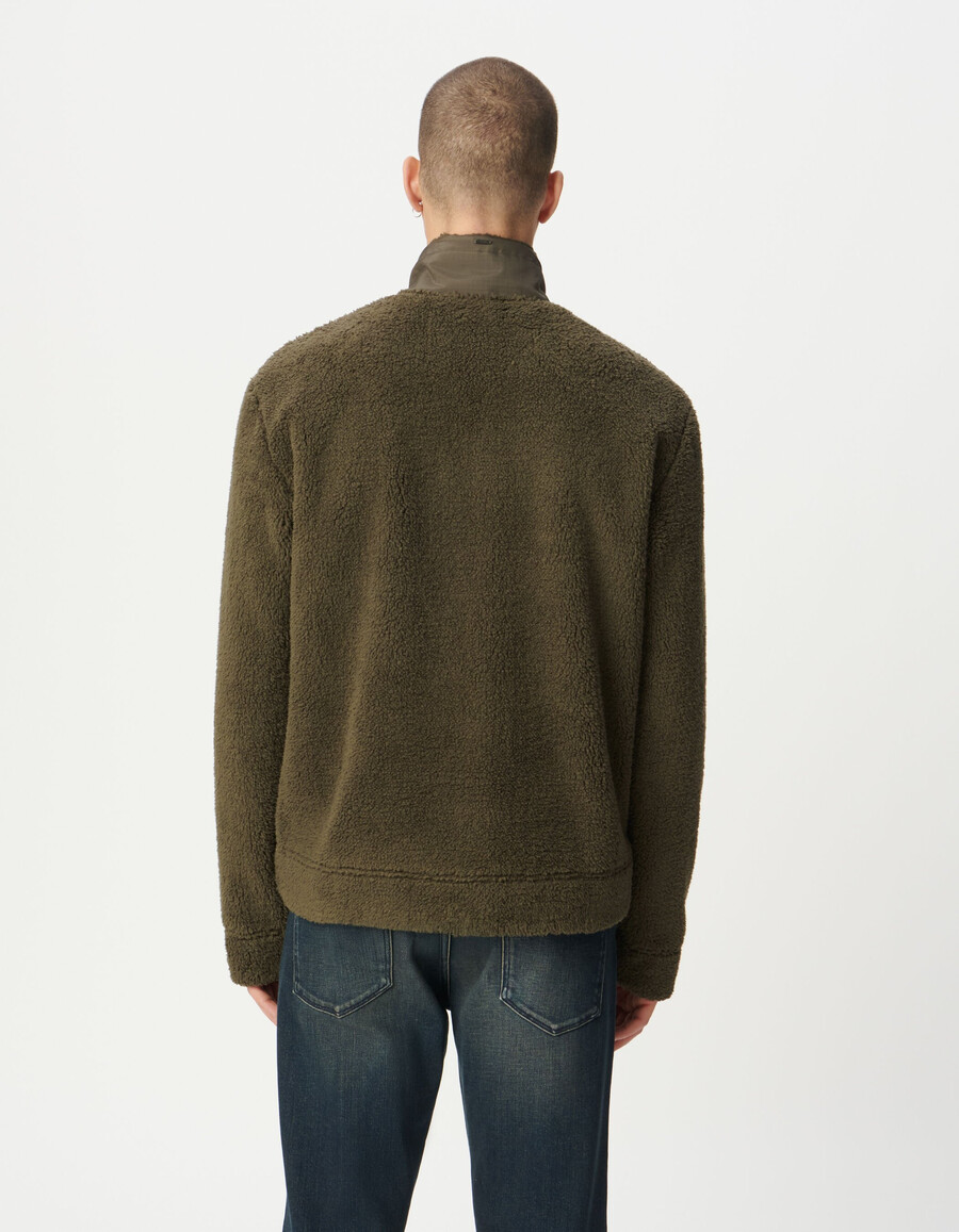 felpa da uomo in maglia sherpa color cachi con cerniera sul collo