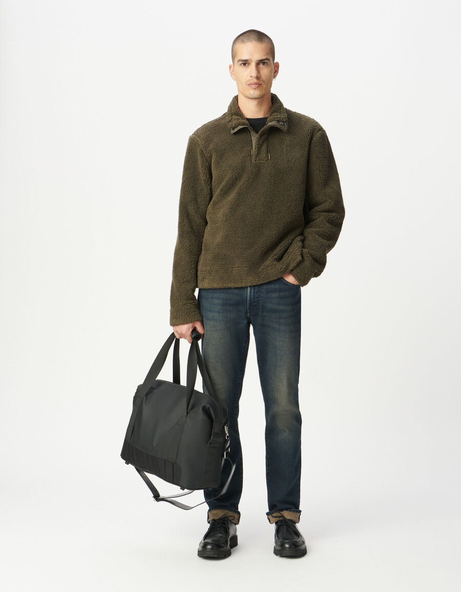 felpa da uomo in maglia sherpa color cachi con cerniera sul collo