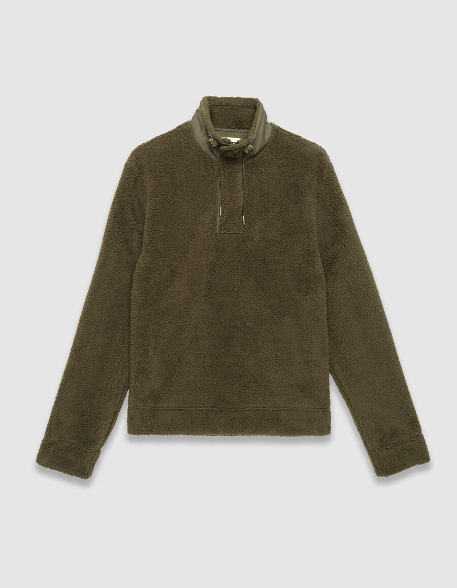 felpa da uomo in maglia sherpa color cachi con cerniera sul collo