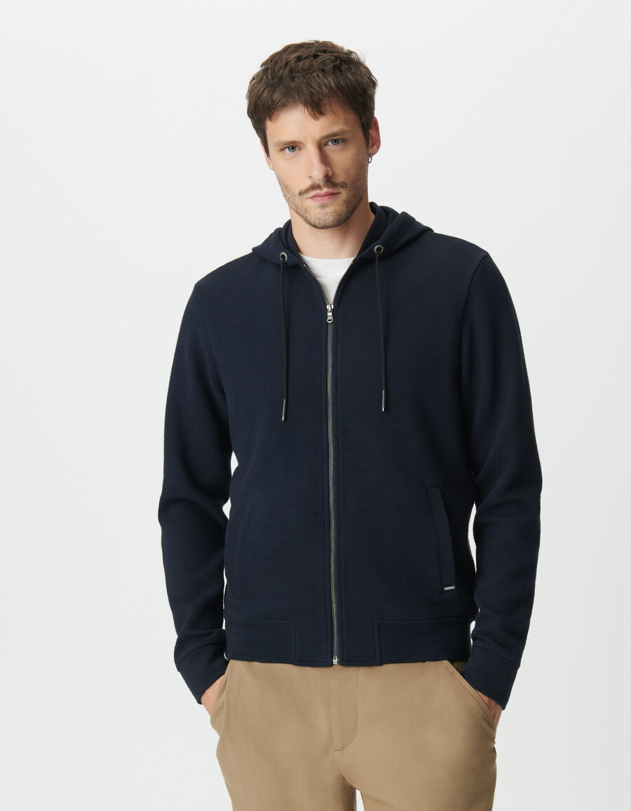 cardigan con cappuccio in maglia di cotone ottomano blu navy da uomo