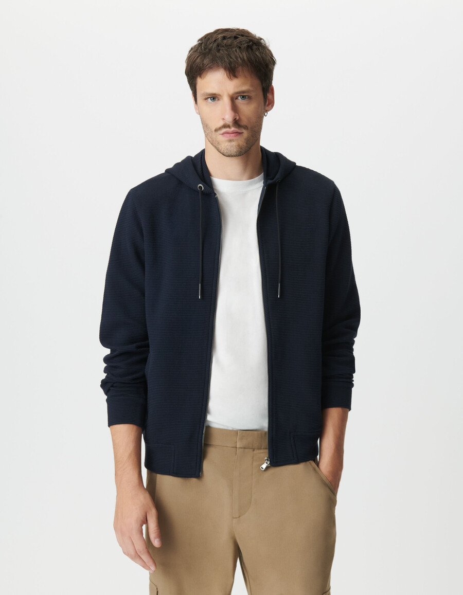 cardigan con cappuccio in maglia di cotone ottomano blu navy da uomo