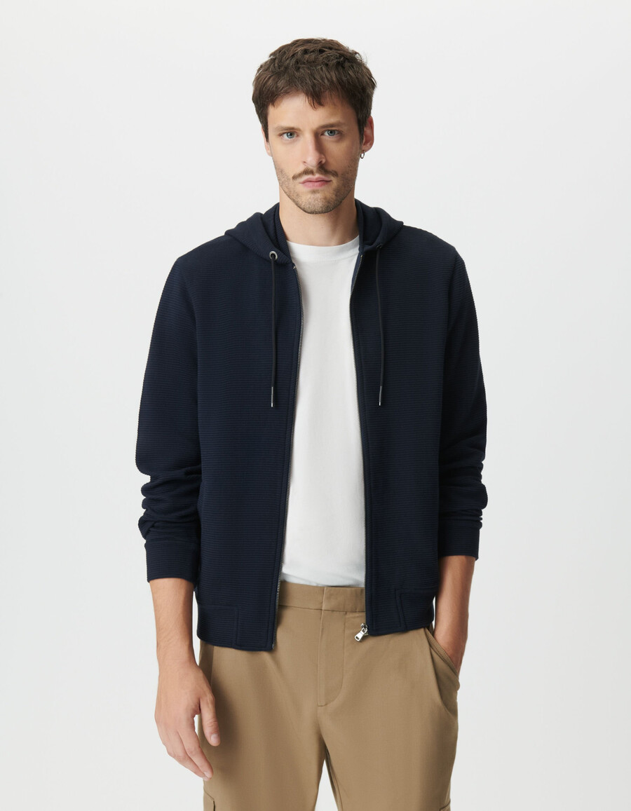 cardigan con cappuccio in maglia di cotone ottomano blu navy da uomo