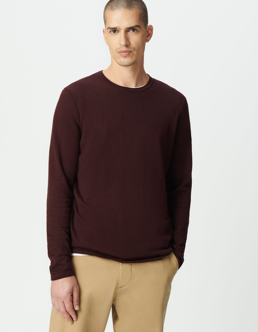 maglione da uomo in maglia fine di cotone biologico color prugna