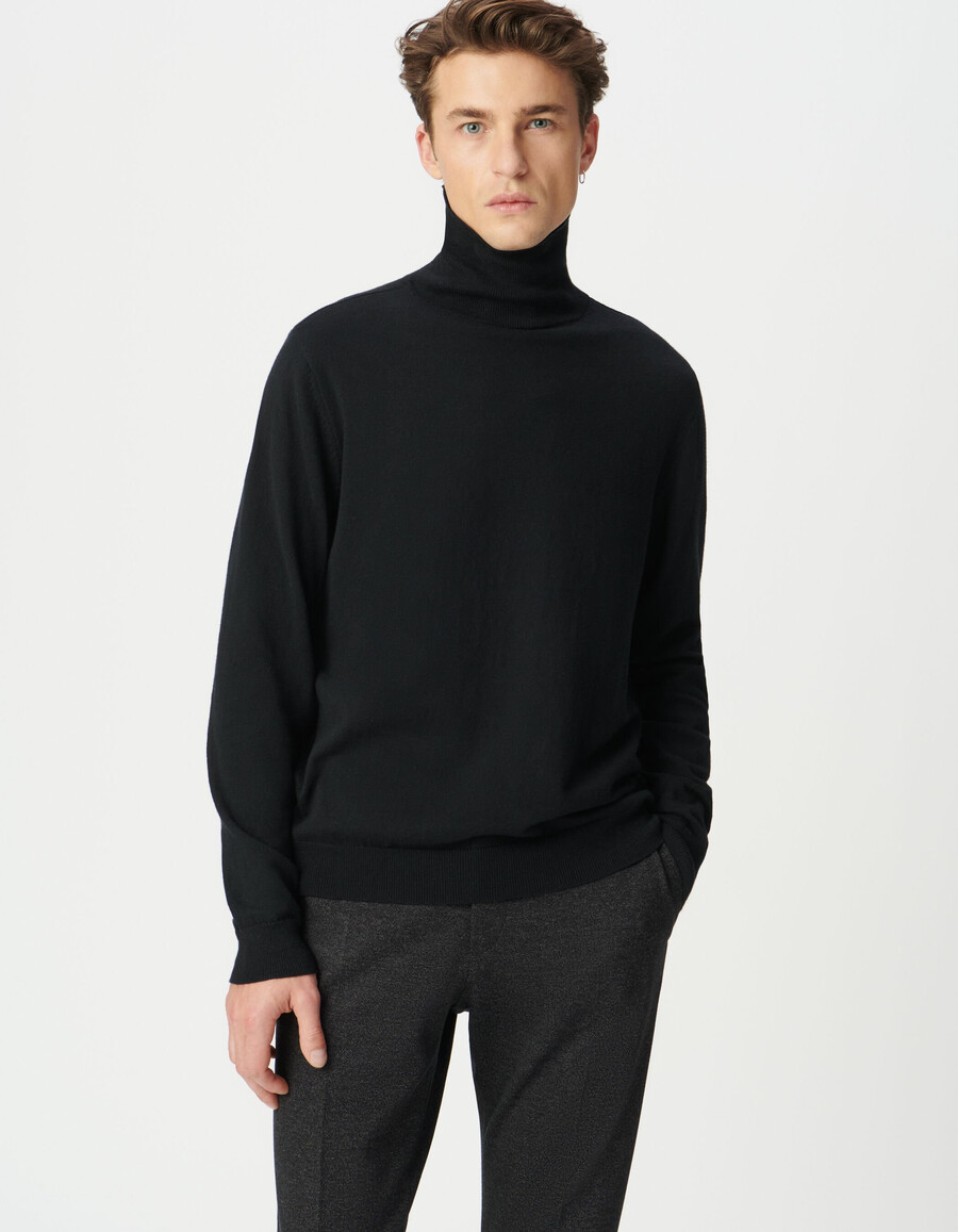 maglione a collo alto in maglia di cotone e cashmere nero da uomo