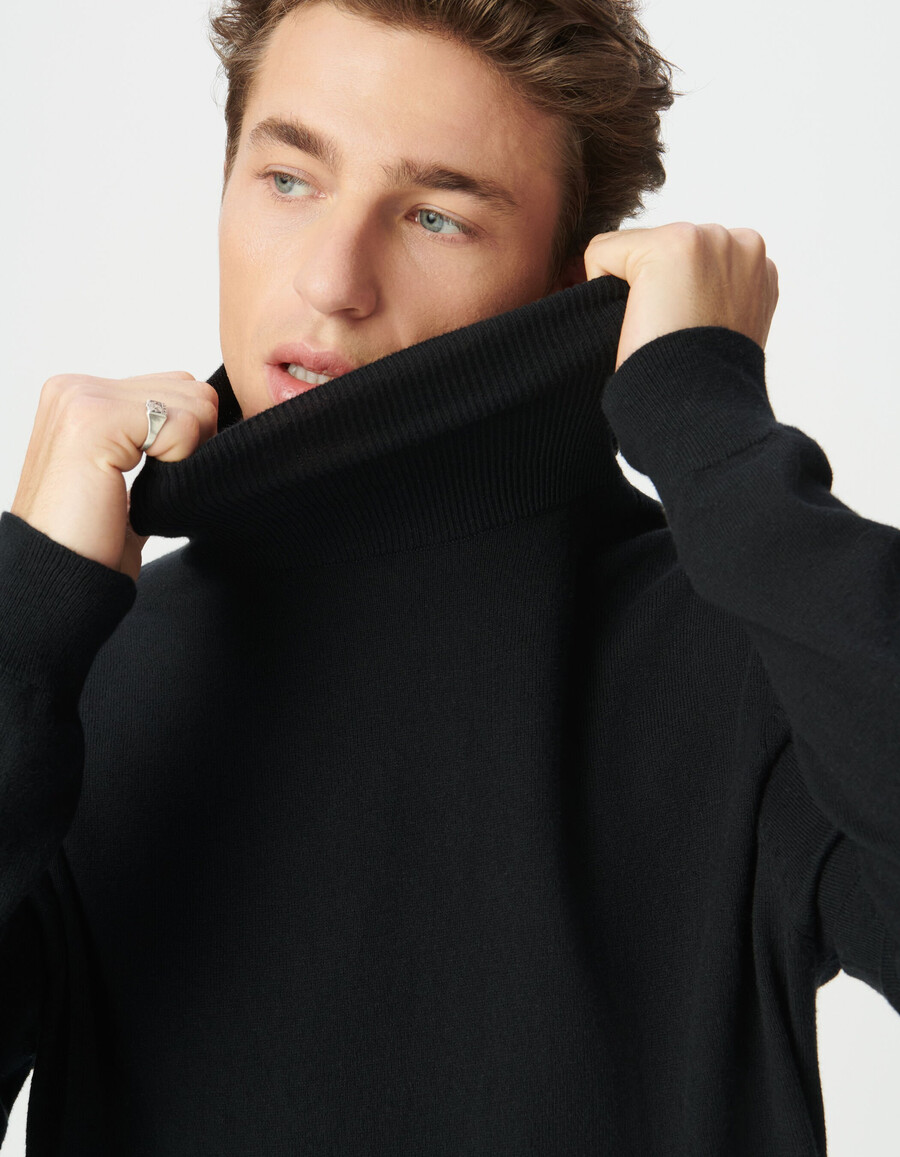 maglione a collo alto in maglia di cotone e cashmere nero da uomo