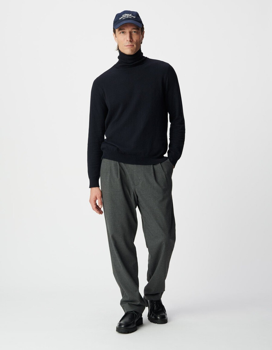 maglione a collo alto in maglia di cotone e cashmere blu navy da uomo