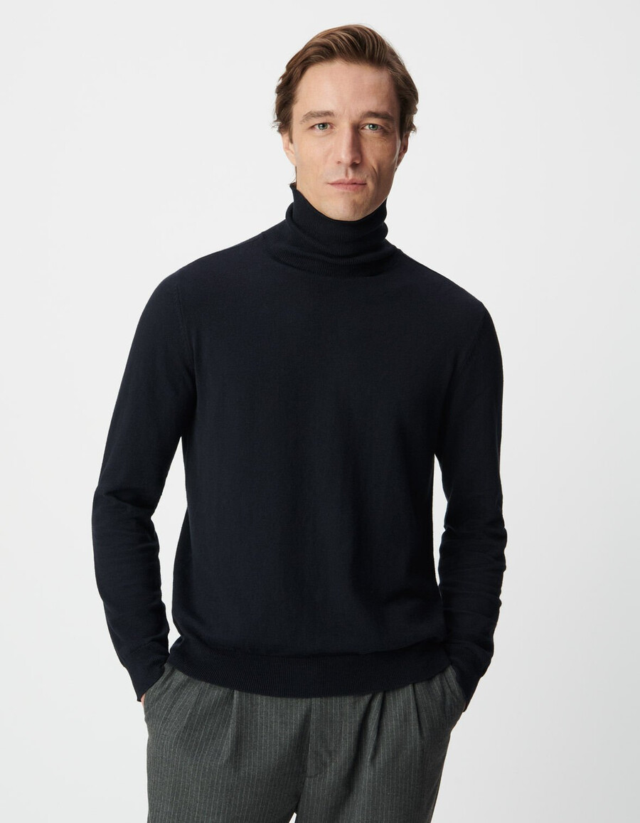 maglione a collo alto in maglia di cotone e cashmere blu navy da uomo