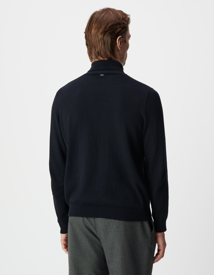 maglione a collo alto in maglia di cotone e cashmere blu navy da uomo