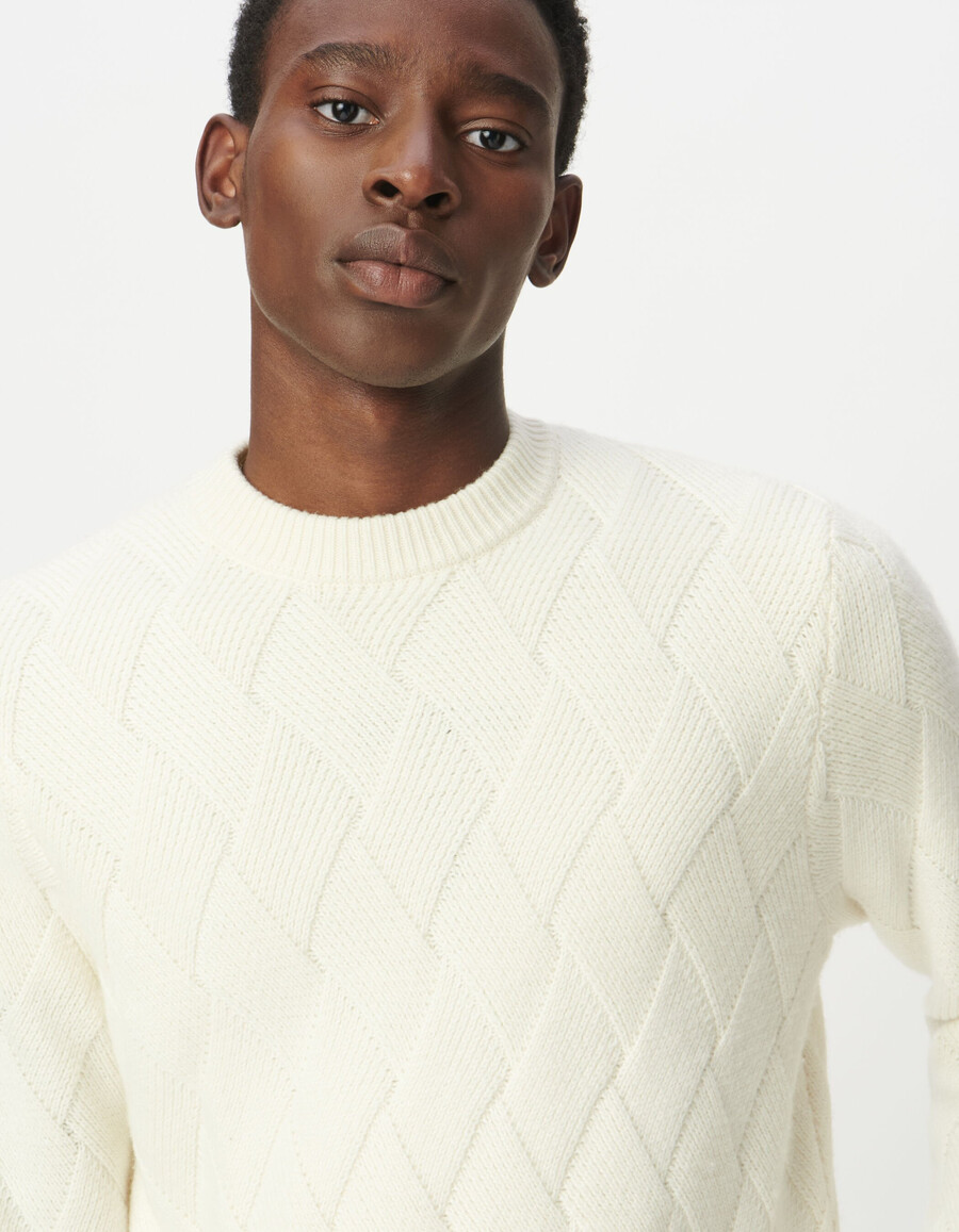 maglione da uomo in maglia di misto lana bianca con effetto intrecciato